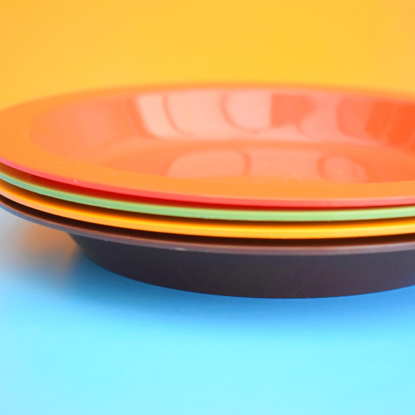 Vintage 1970s Melamine Plastic - Eggy Yellow, Orange, Green & Brown