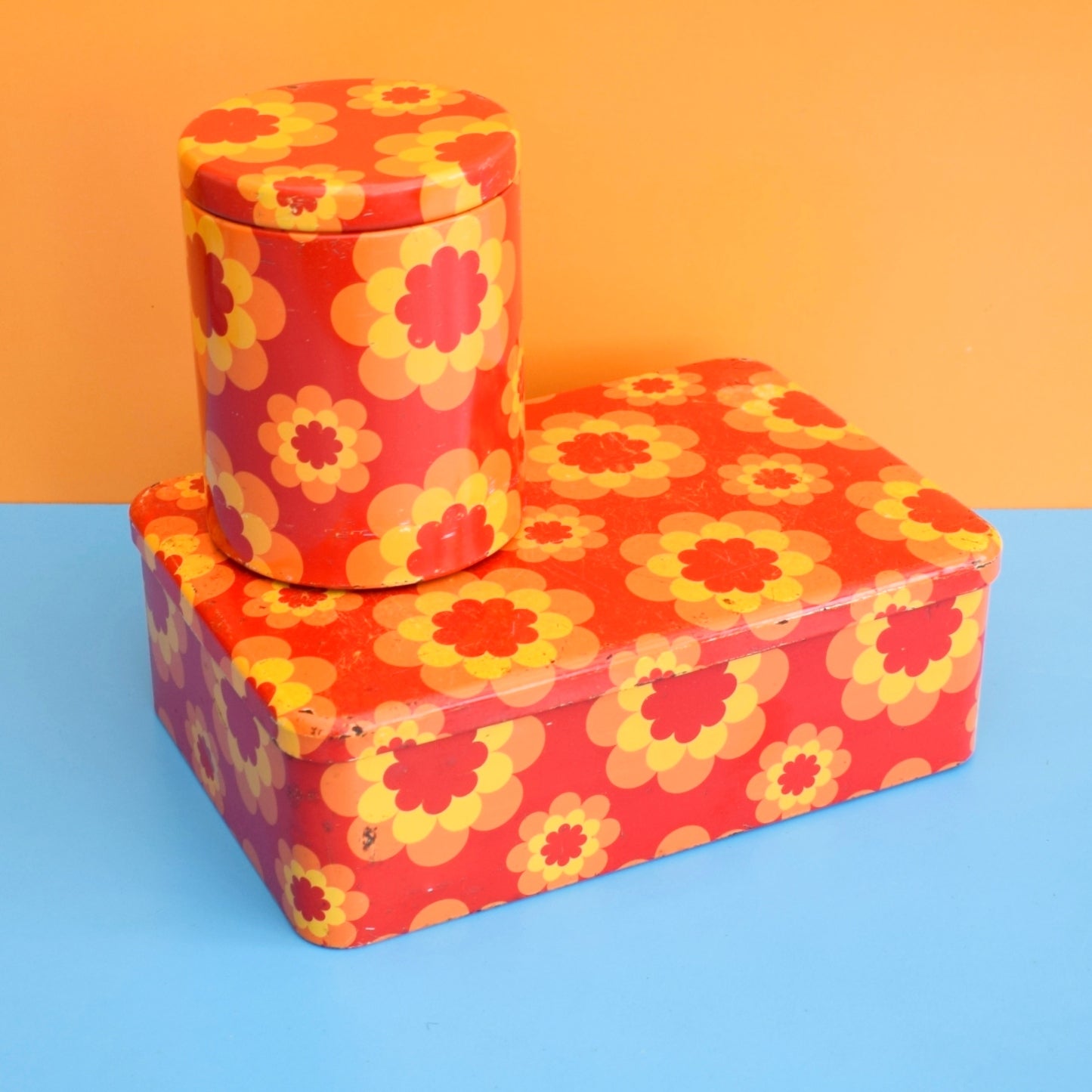 Vintage 1970s Round Metal Tins - French by Massilly - Flower Design, Orange