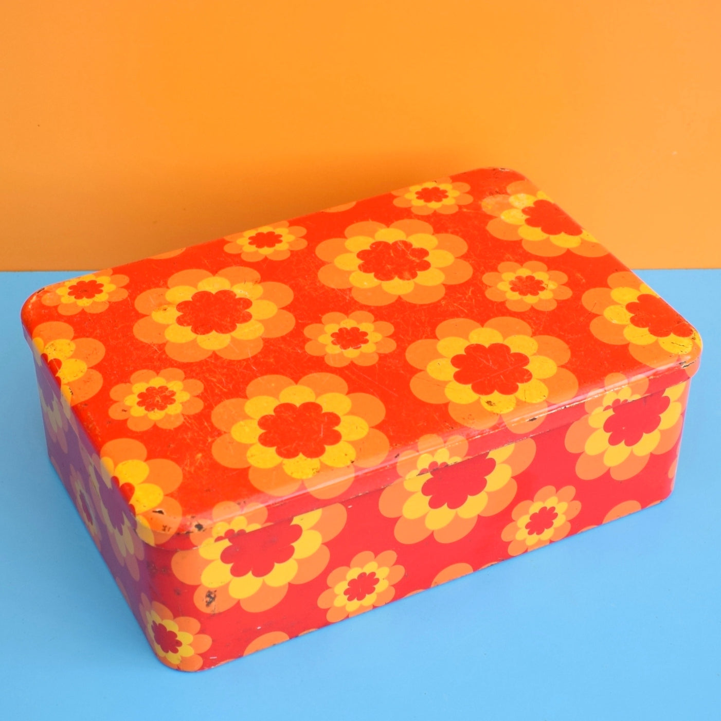 Vintage 1970s Round Metal Tins - French by Massilly - Flower Design, Orange