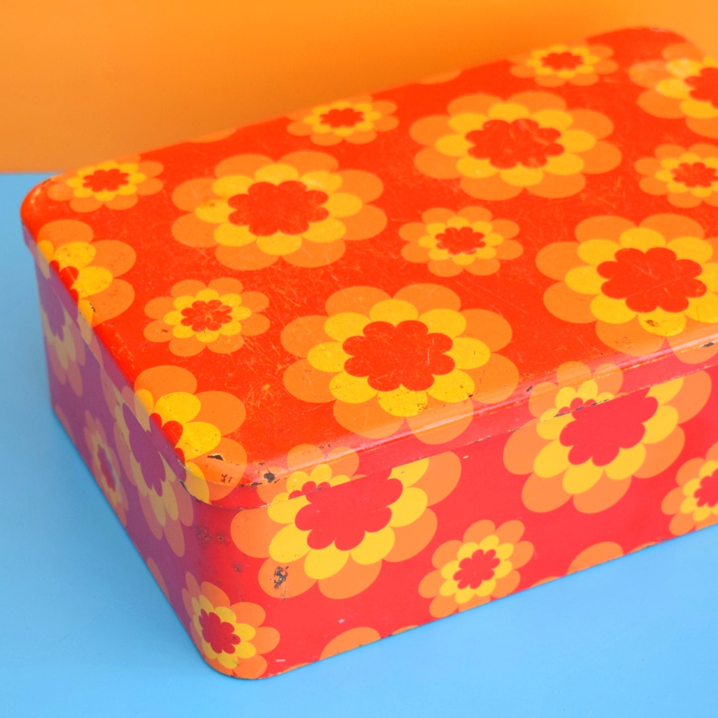 Vintage 1970s Round Metal Tins - French by Massilly - Flower Design, Orange