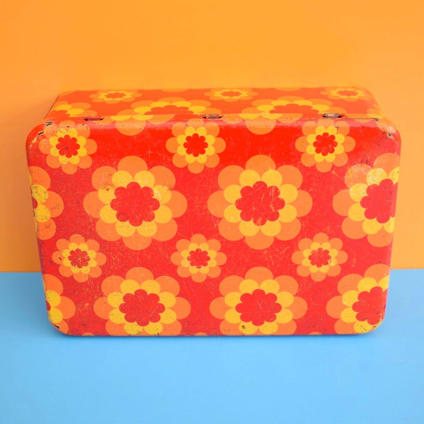 Vintage 1970s Round Metal Tins - French by Massilly - Flower Design, Orange