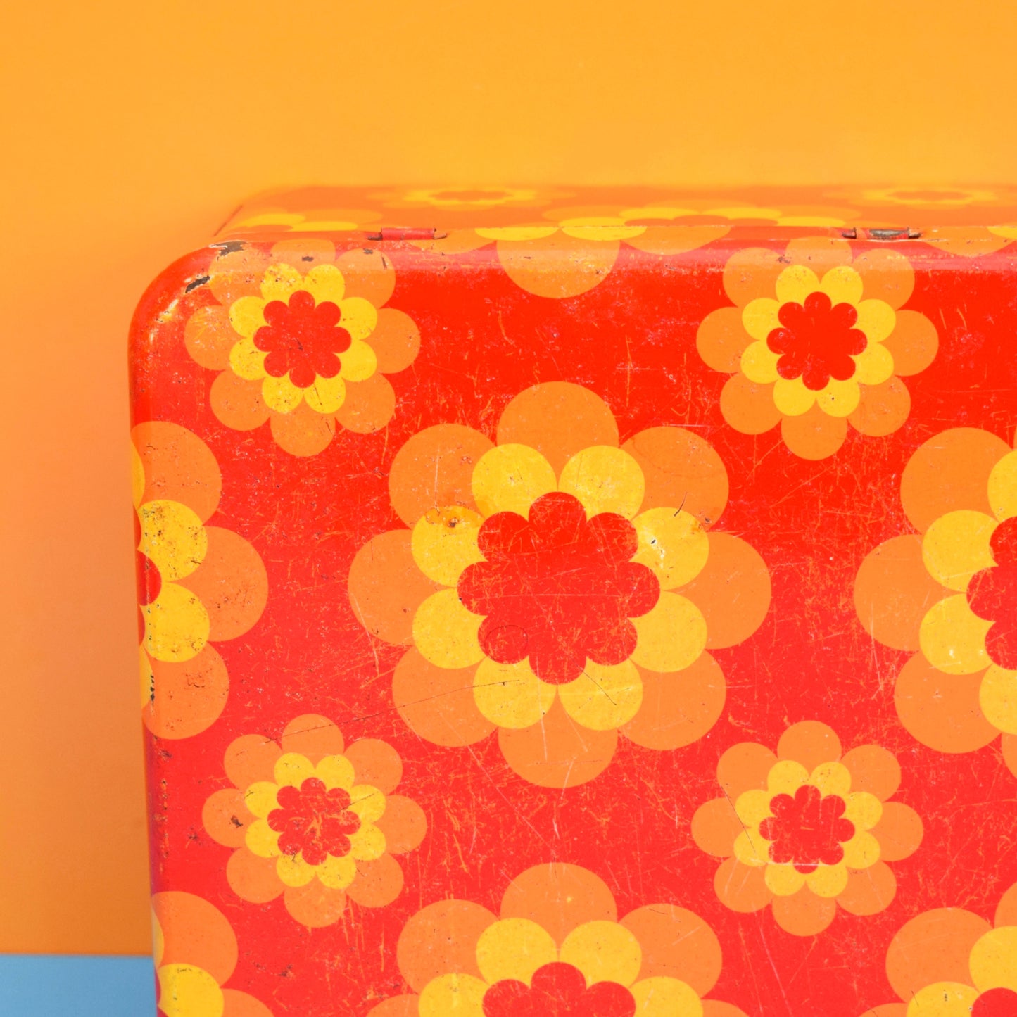 Vintage 1970s Round Metal Tins - French by Massilly - Flower Design, Orange