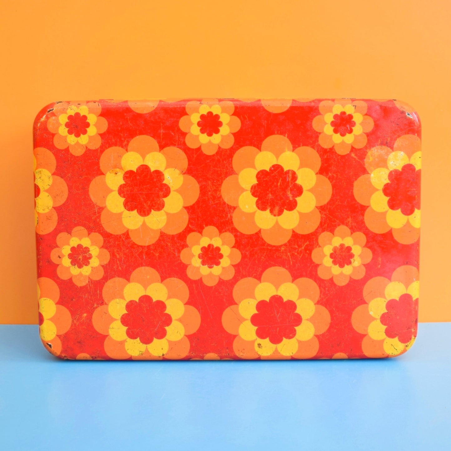 Vintage 1970s Round Metal Tins - French by Massilly - Flower Design, Orange