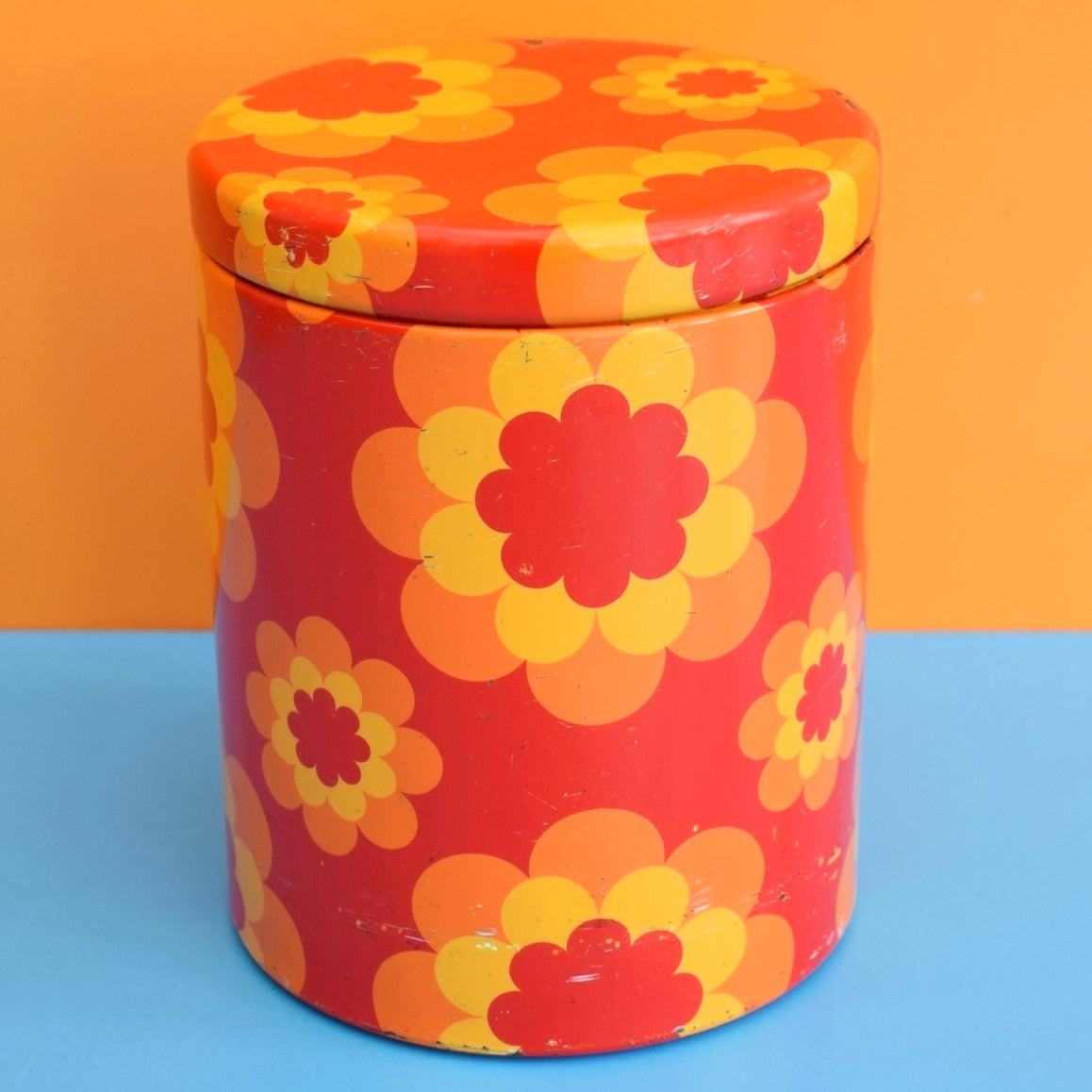 Vintage 1970s Round Metal Tins - French by Massilly - Flower Design, Orange
