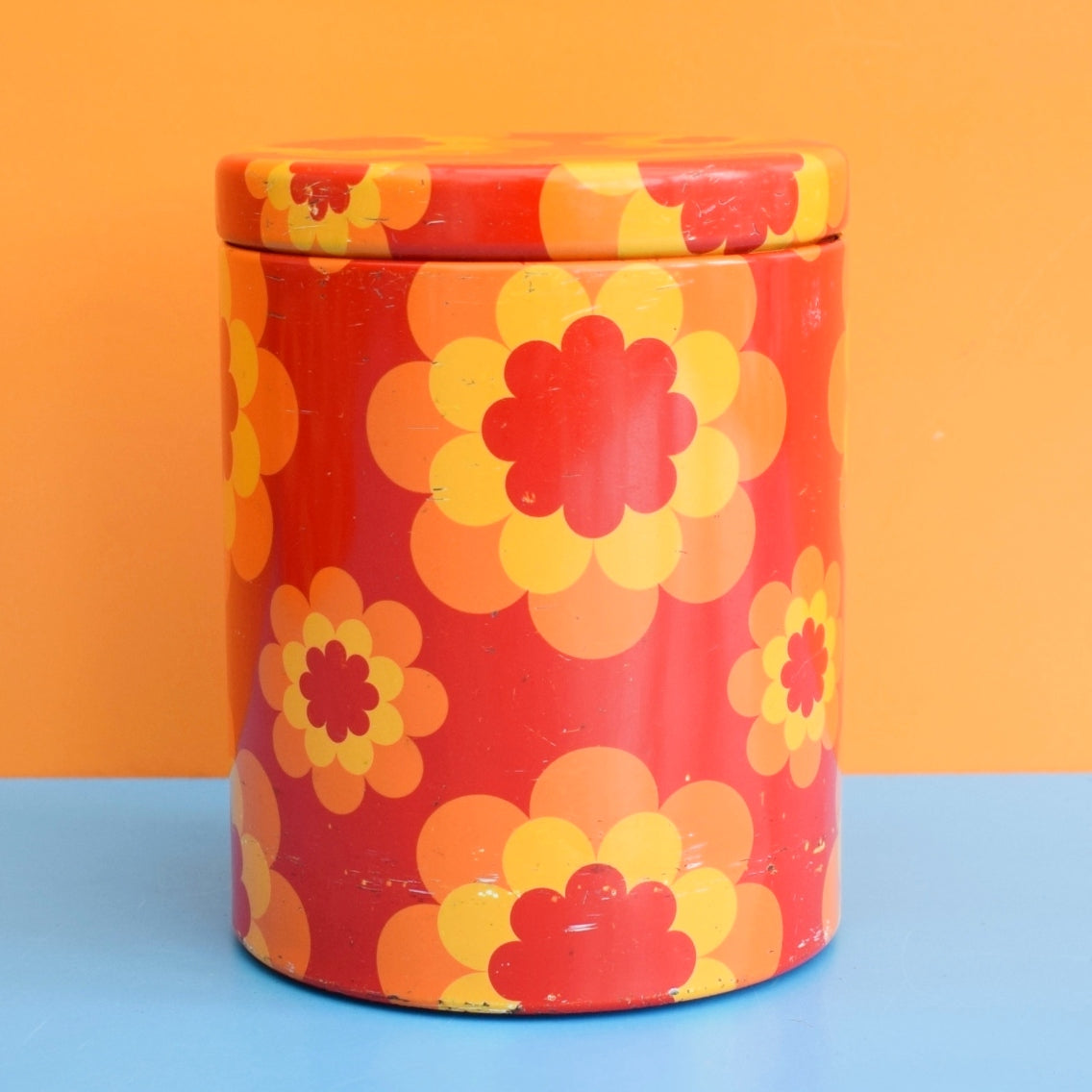 Vintage 1970s Round Metal Tins - French by Massilly - Flower Design, Orange