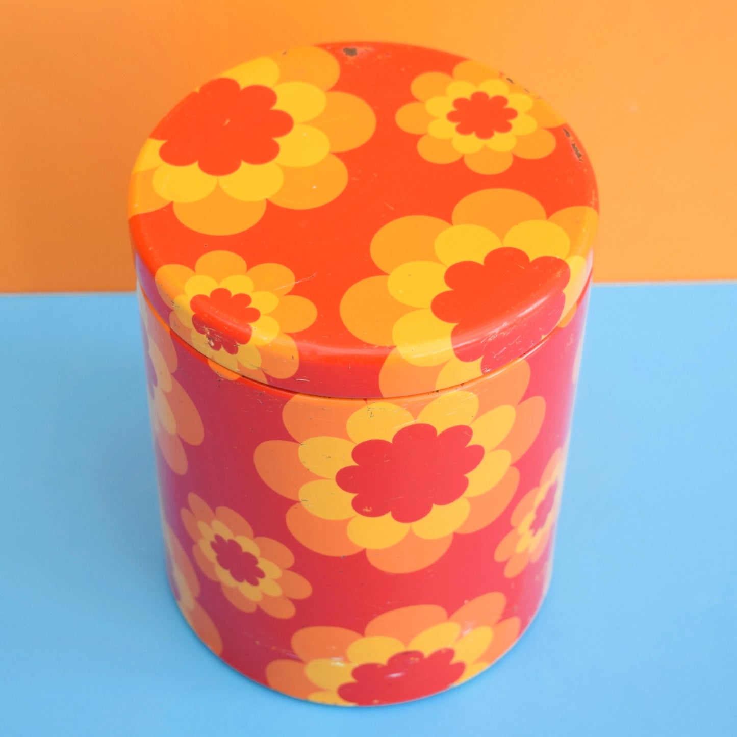 Vintage 1970s Round Metal Tins - French by Massilly - Flower Design, Orange