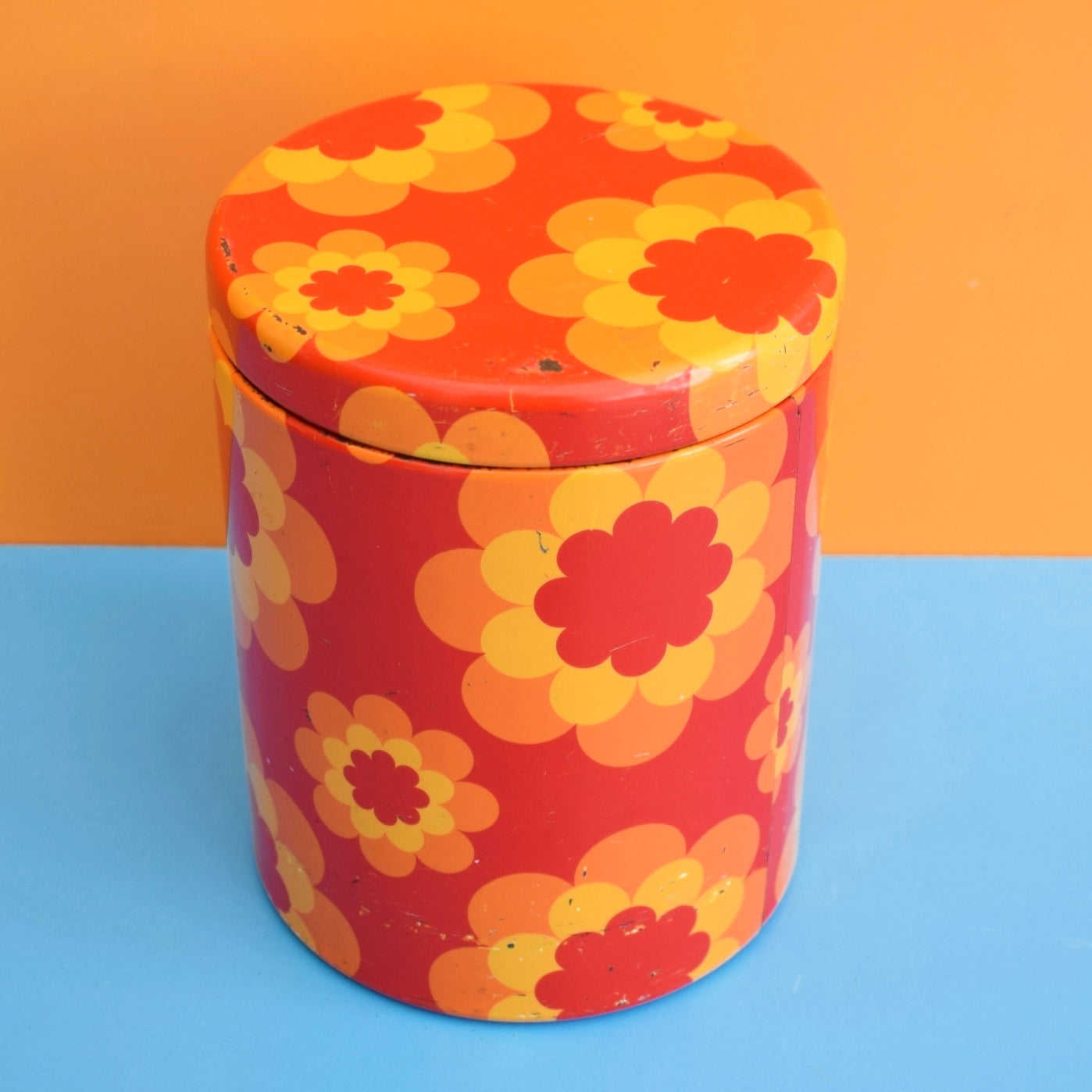 Vintage 1970s Round Metal Tins - French by Massilly - Flower Design, Orange