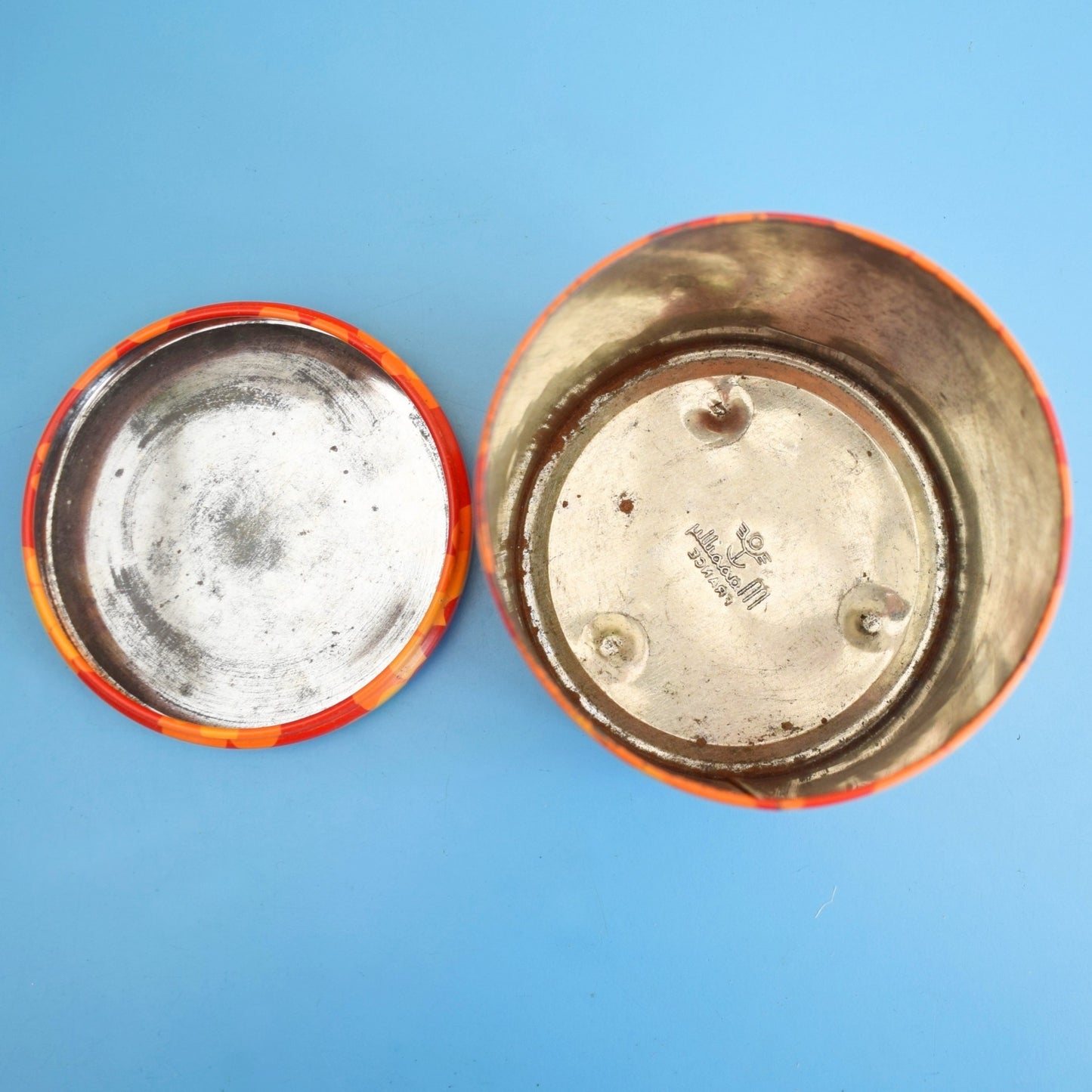 Vintage 1970s Round Metal Tins - French by Massilly - Flower Design, Orange
