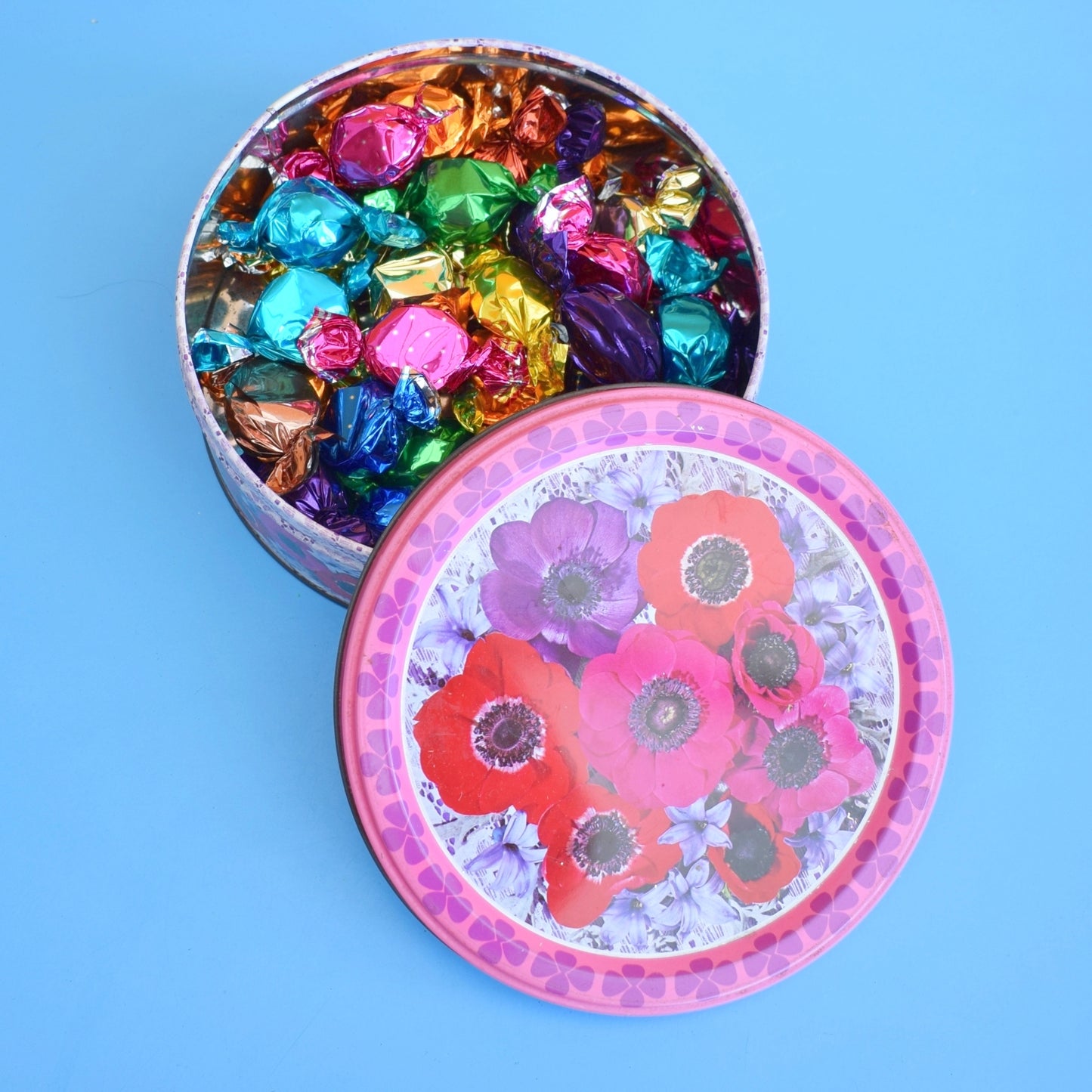 Vintage 1960s Metal Rowntrees Tin - Flower Print- & New Chocolates