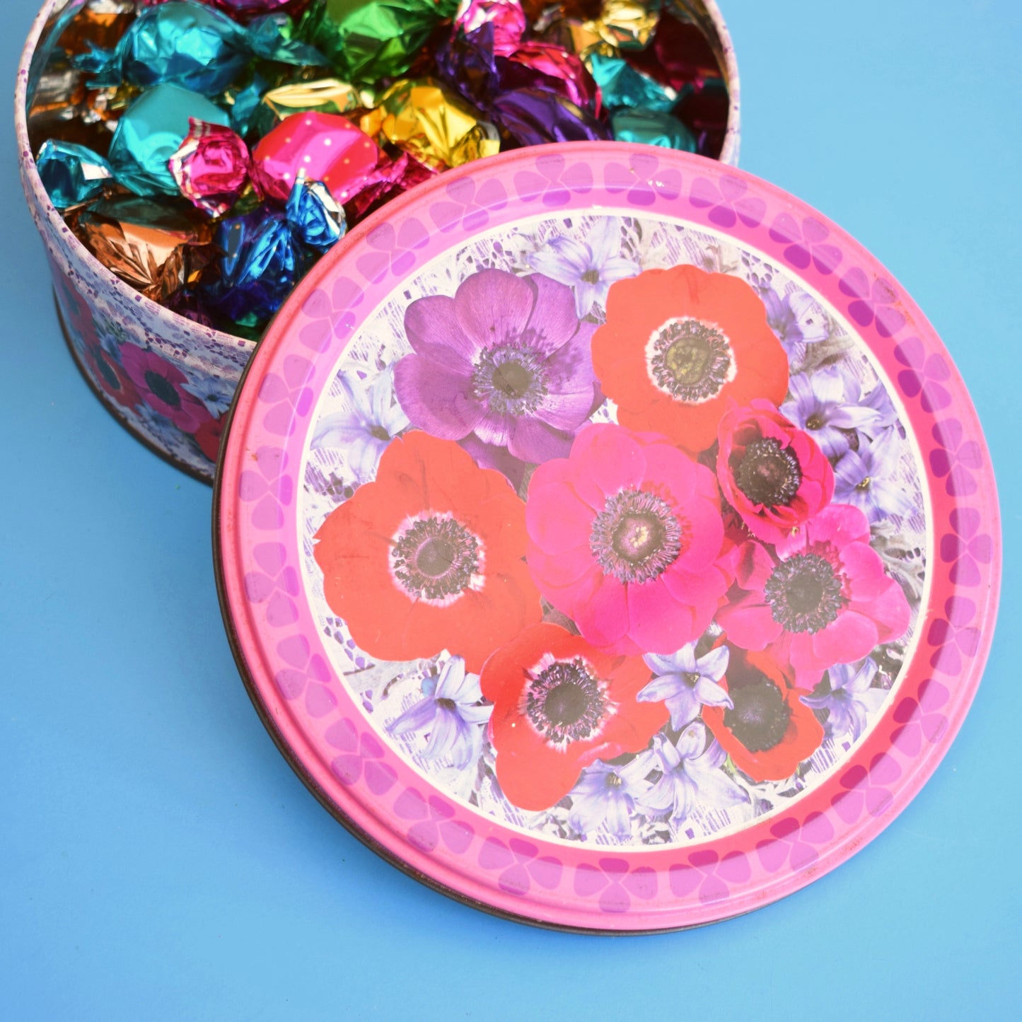 Vintage 1960s Metal Rowntrees Tin - Flower Print- & New Chocolates