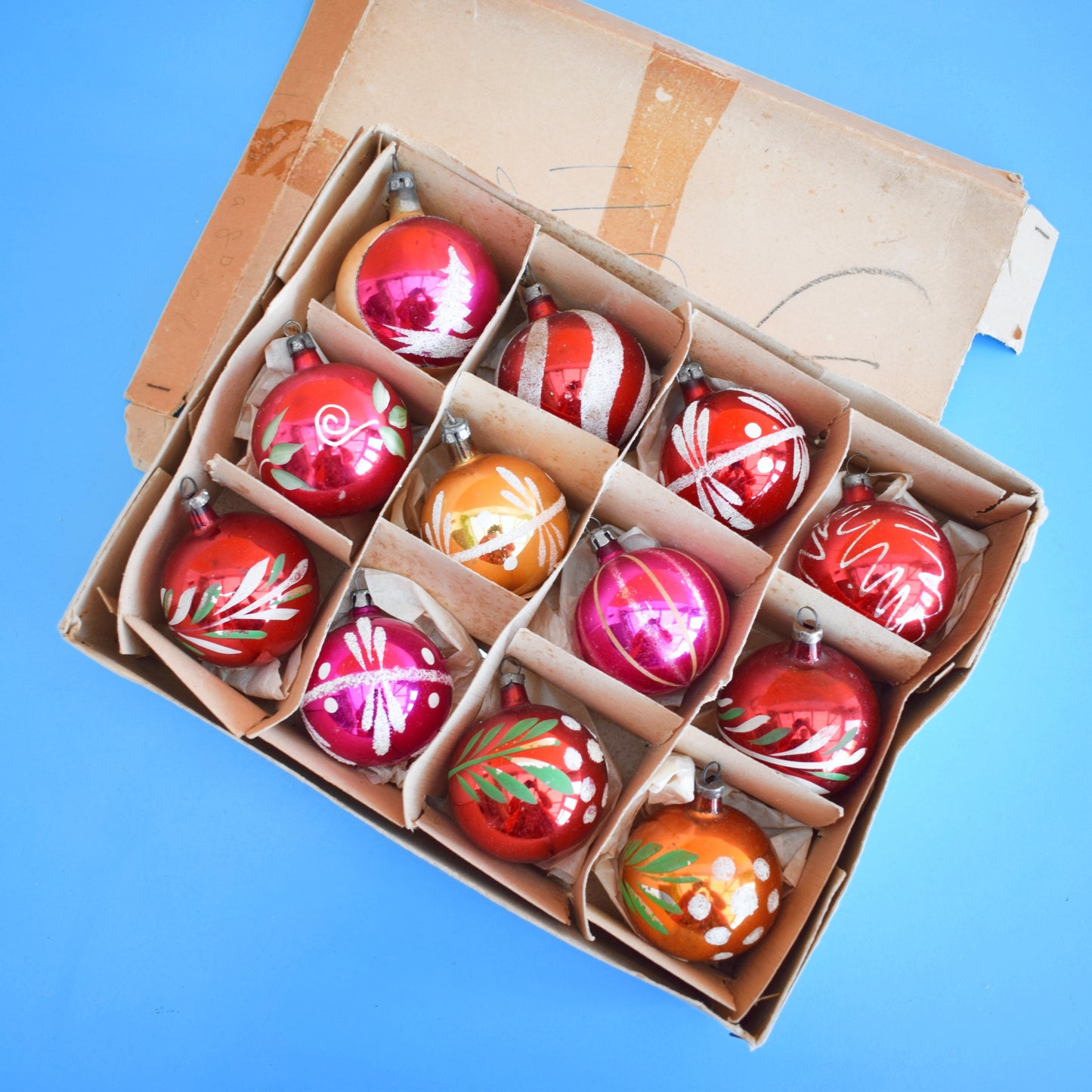 Vintage 1960s Glass Christmas Baubles - Medium - Hand Painted x12 Red Gold PInk