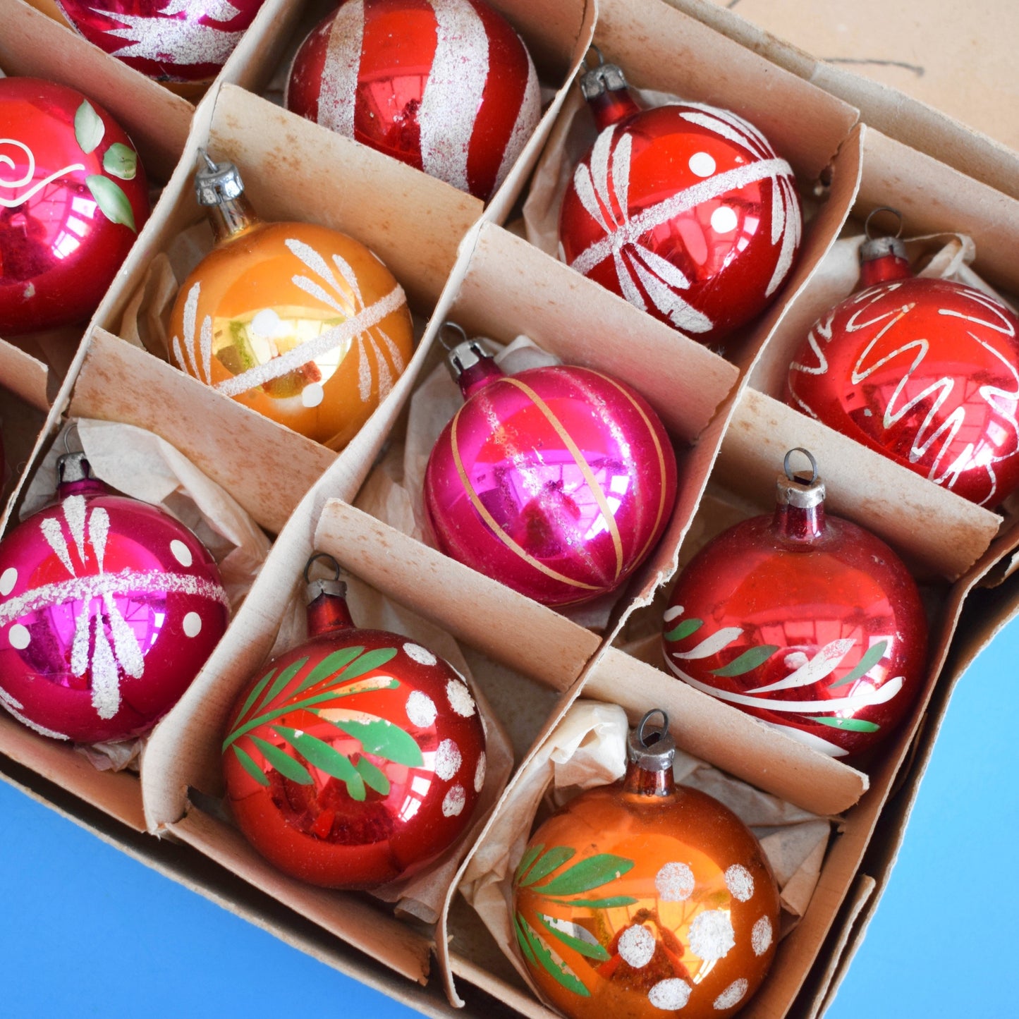 Vintage 1960s Glass Christmas Baubles - Medium - Hand Painted x12 Red Gold PInk