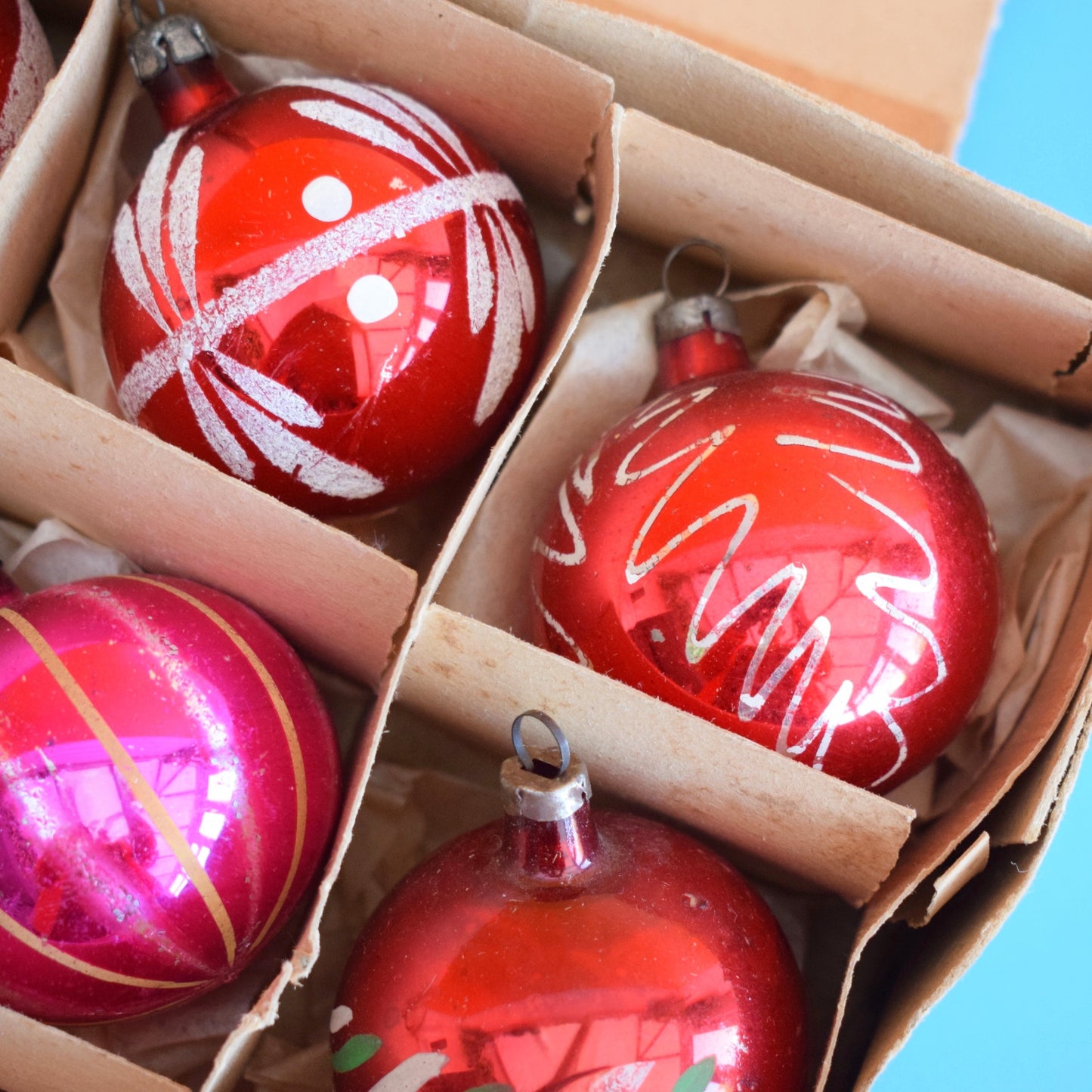 Vintage 1960s Glass Christmas Baubles - Medium - Hand Painted x12 Red Gold PInk