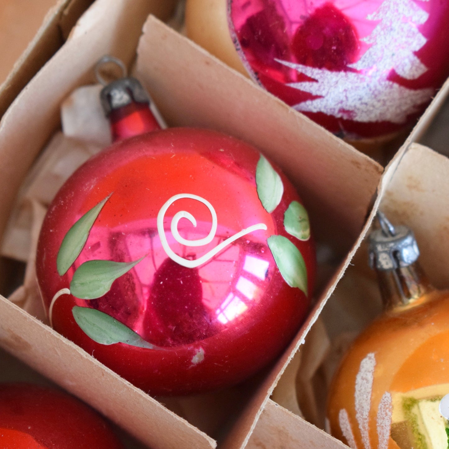 Vintage 1960s Glass Christmas Baubles - Medium - Hand Painted x12 Red Gold PInk