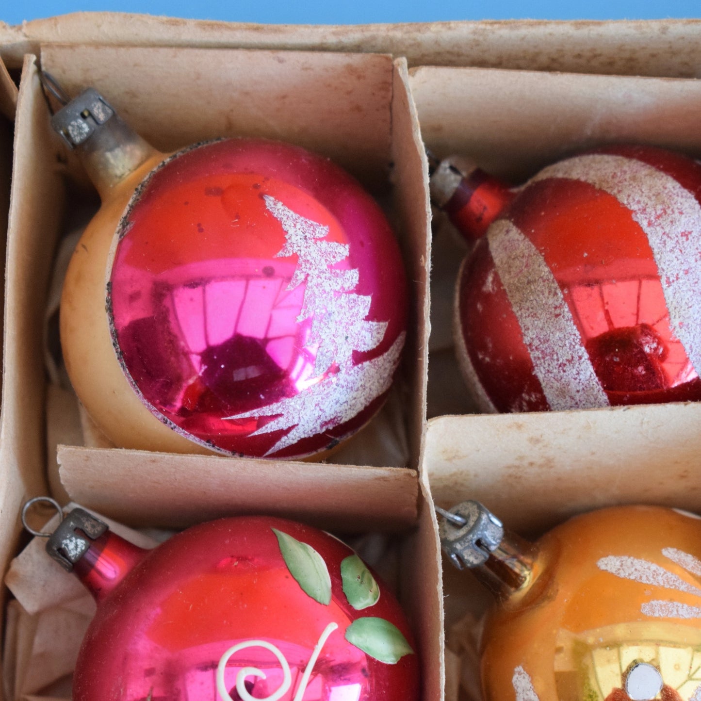 Vintage 1960s Glass Christmas Baubles - Medium - Hand Painted x12 Red Gold PInk