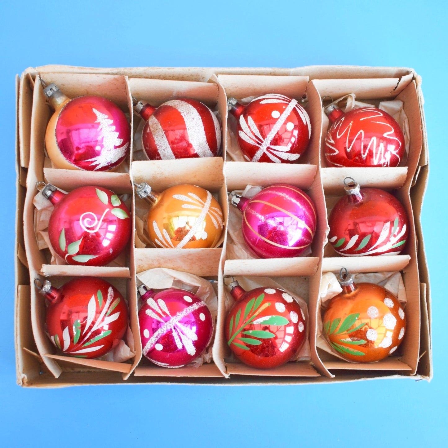 Vintage 1960s Glass Christmas Baubles - Medium - Hand Painted x12 Red Gold PInk