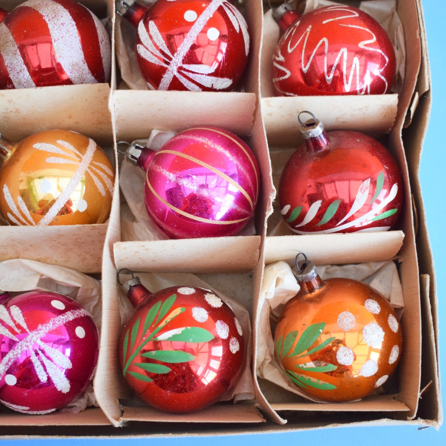 Vintage 1960s Glass Christmas Baubles - Medium - Hand Painted x12 Red Gold PInk