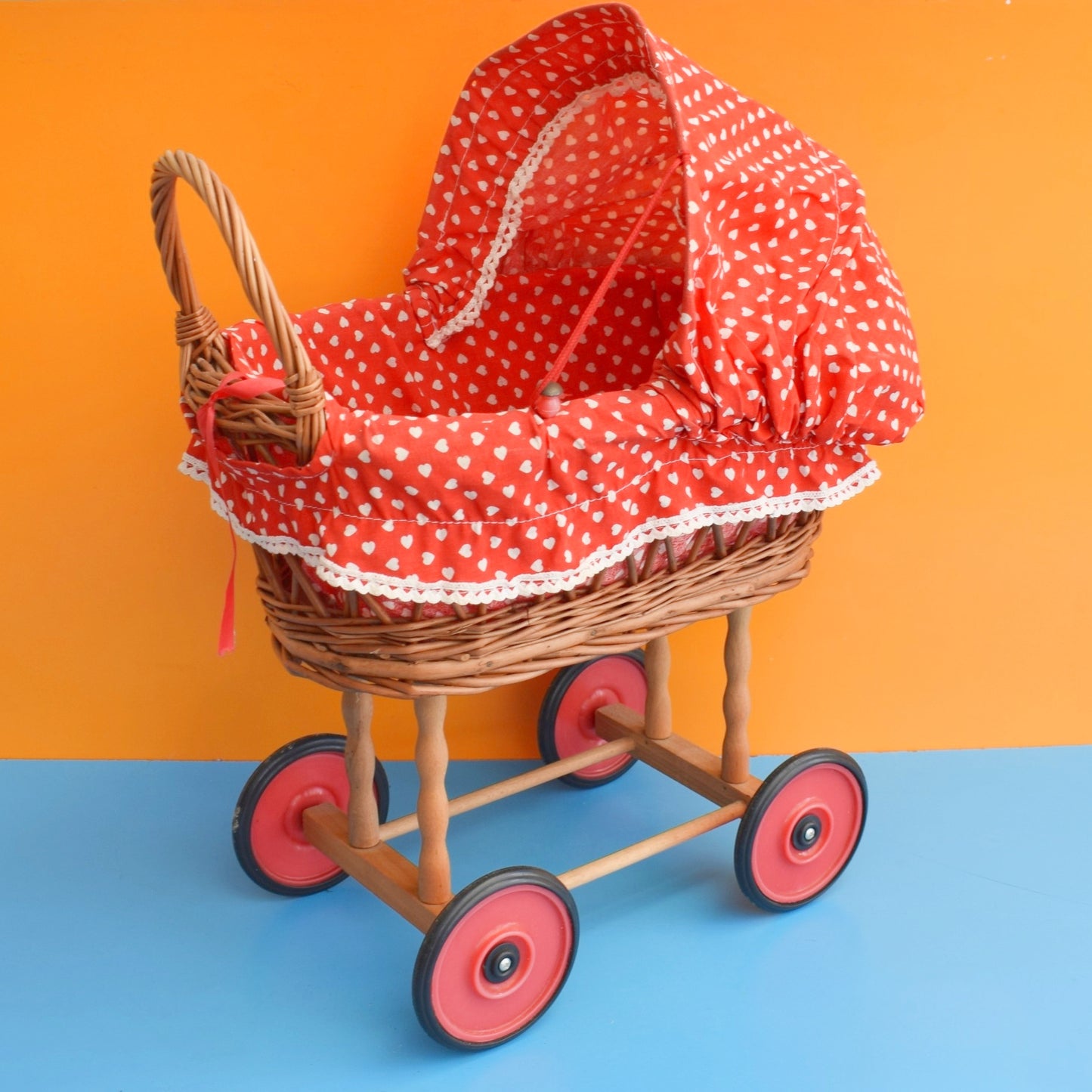 Vintage 1970s Dolls Pram - Wicker- Red Heart Fabric