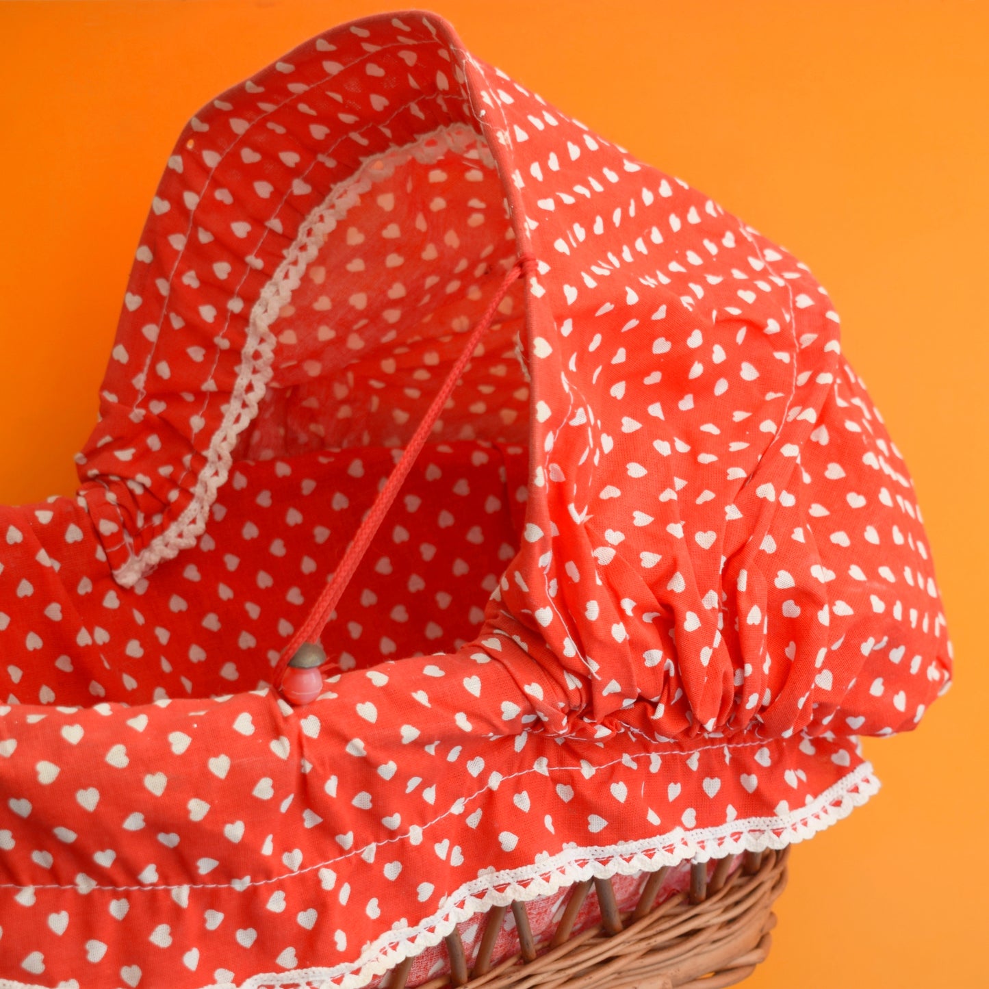 Vintage 1970s Dolls Pram - Wicker- Red Heart Fabric
