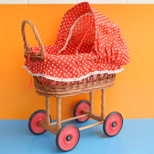 Vintage 1970s Dolls Pram - Wicker- Red Heart Fabric