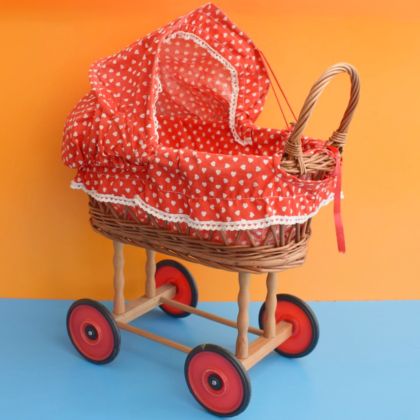Vintage 1970s Dolls Pram - Wicker- Red Heart Fabric