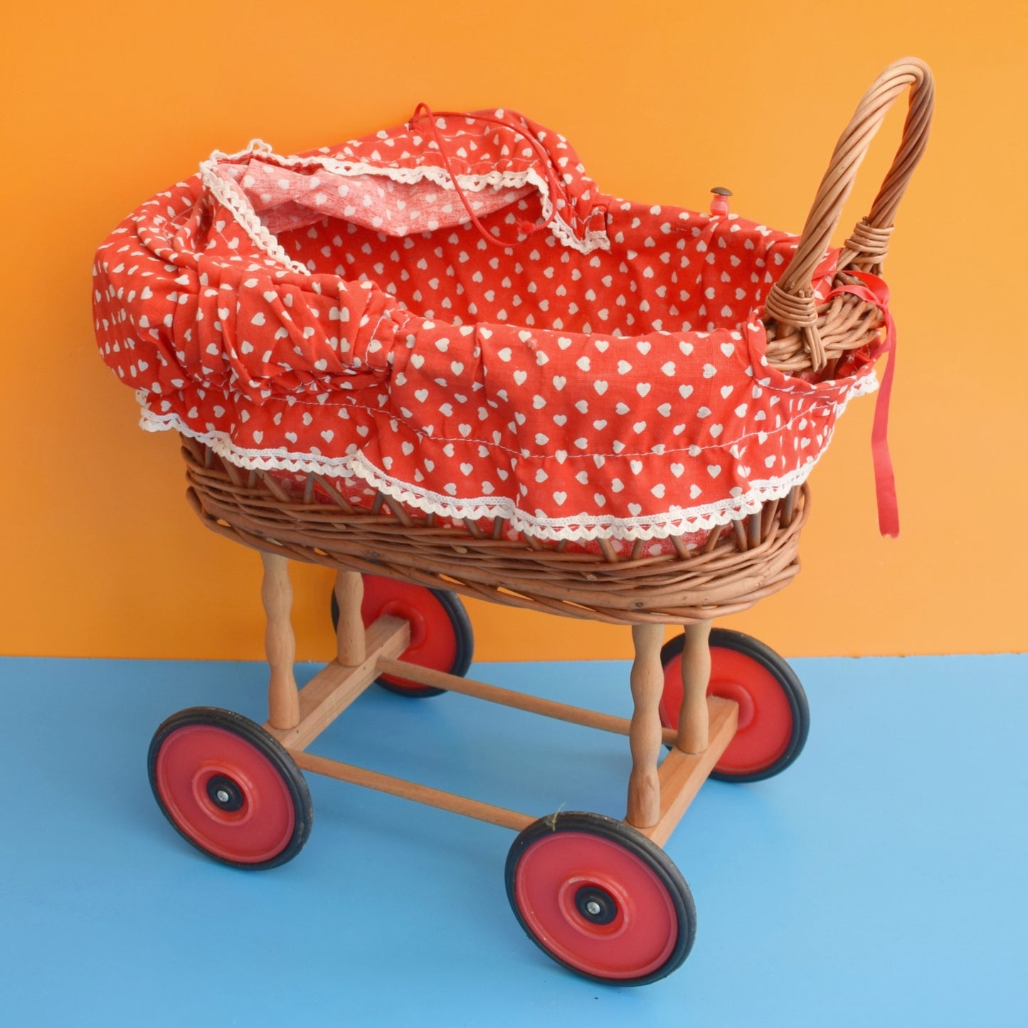 Vintage 1970s Dolls Pram - Wicker- Red Heart Fabric