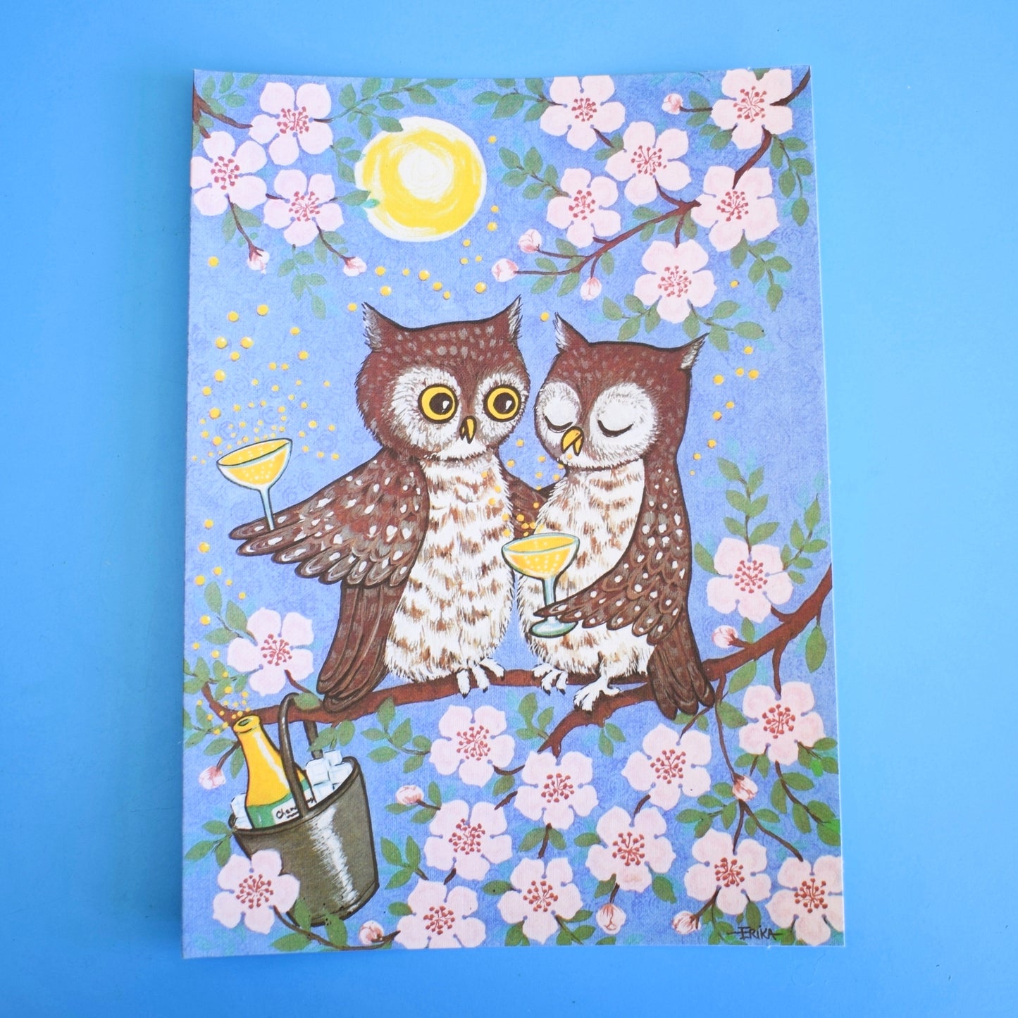 Vintage 1970s Large Greeting Card - by Erika Parry - Champagne Owls
