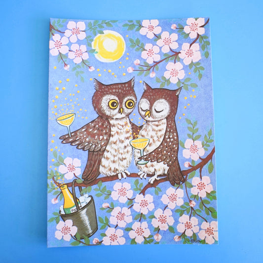 Vintage 1970s Large Greeting Card - by Erika Parry - Champagne Owls