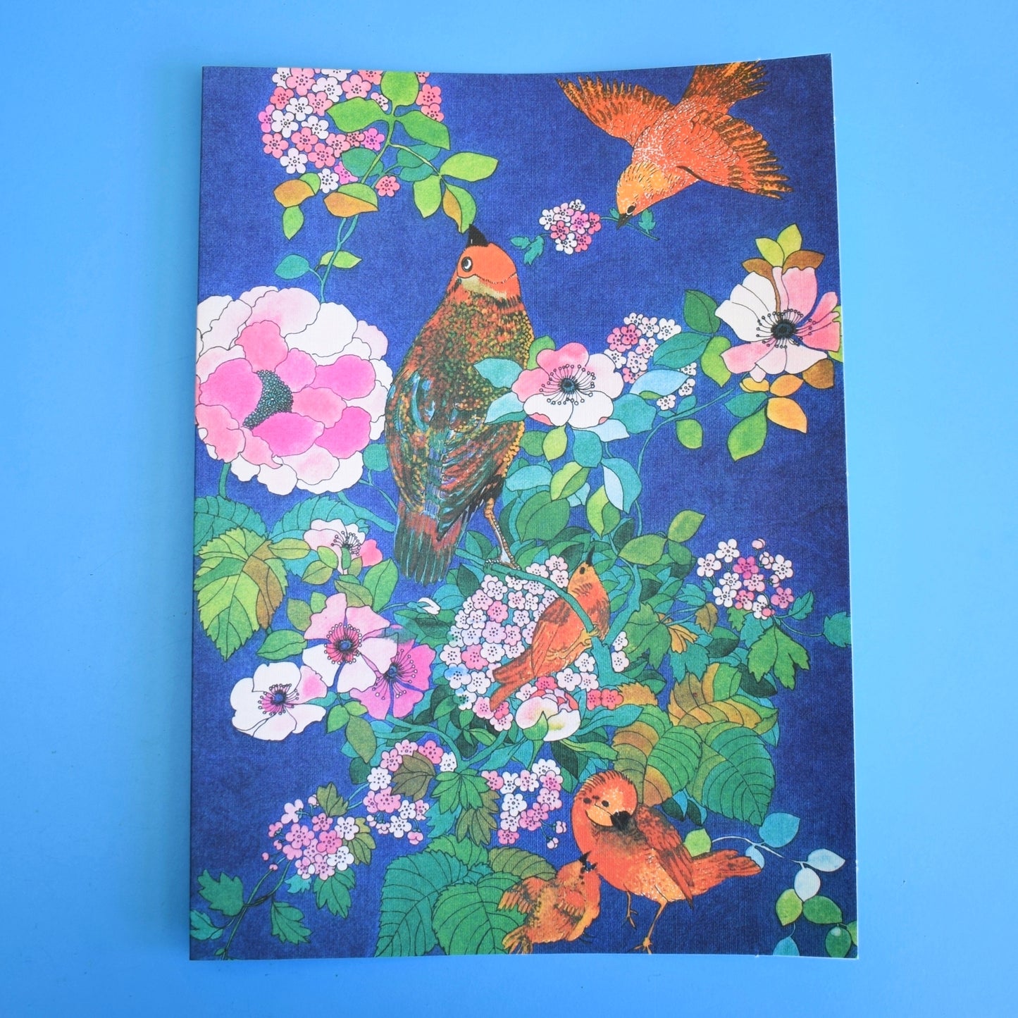 Vintage 1970s Greeting Card - by Robert Vernet - Flowers, & Birds Blue