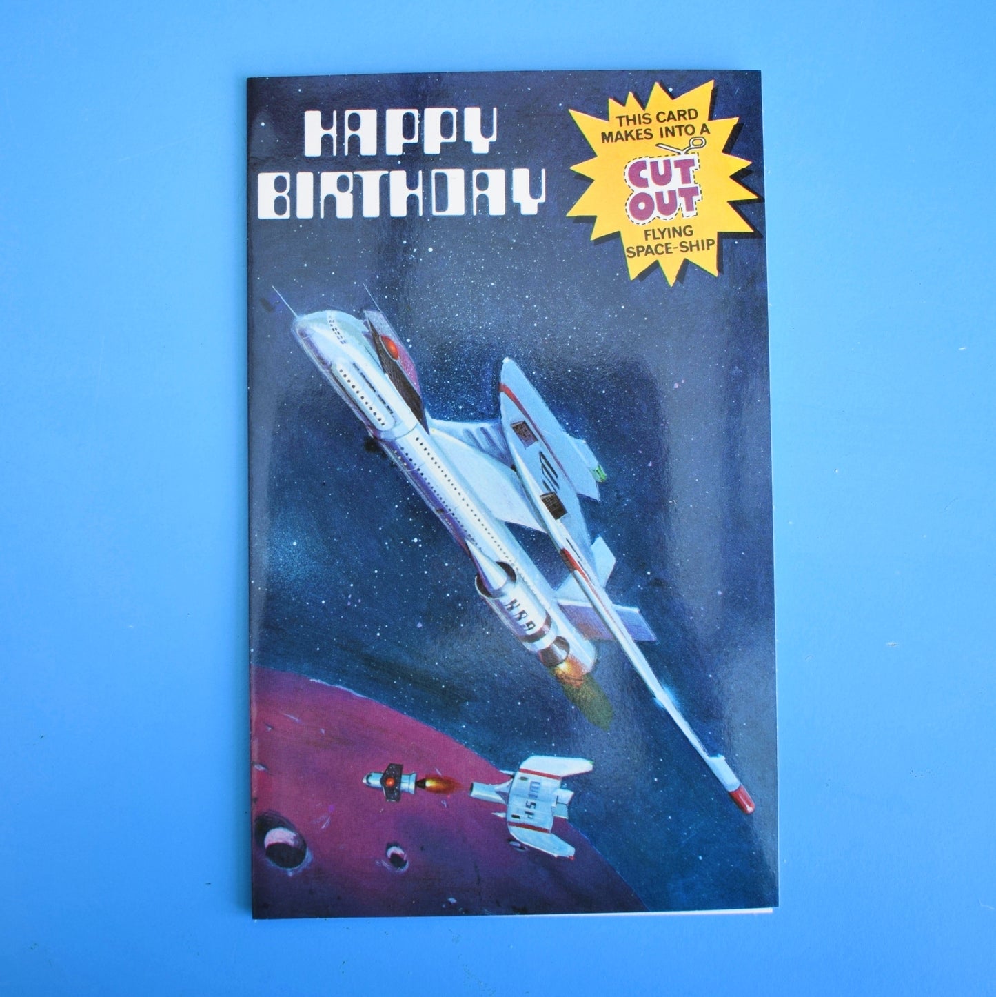 Vintage 1970s Greeting Card - Cut Out - Happy Birthday - Flying Space - Ship
