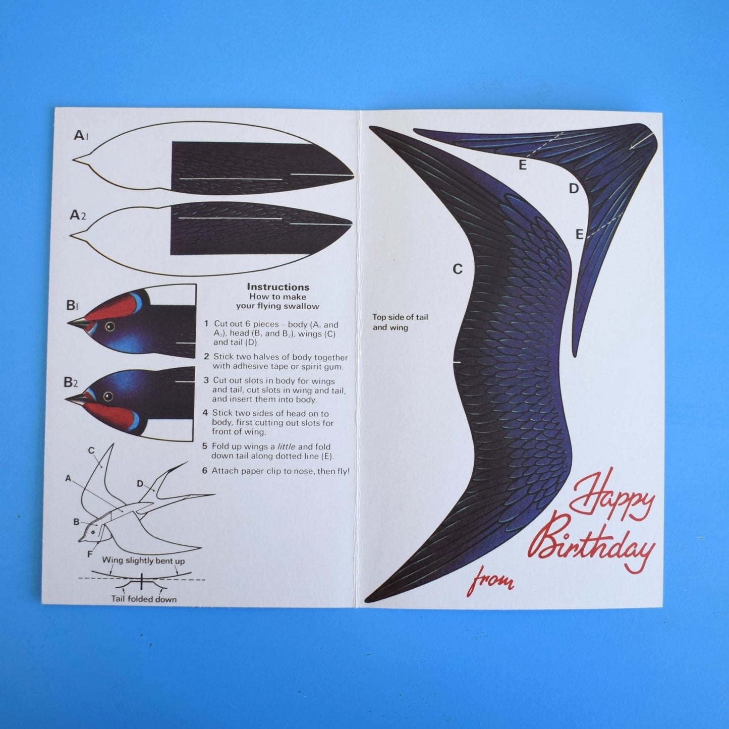 Vintage 1970s Greeting Card - Cut Out - Flying Swallow Bird Model