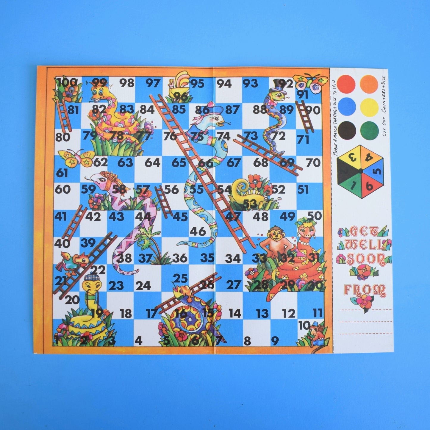 Vintage 1970s Greeting Card - Cut Out - Get Well Soon- Snakes & Ladders