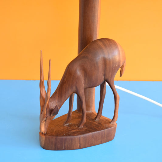 Vintage 1960s Wooden Teak Table Lamp/ Shade - Deer