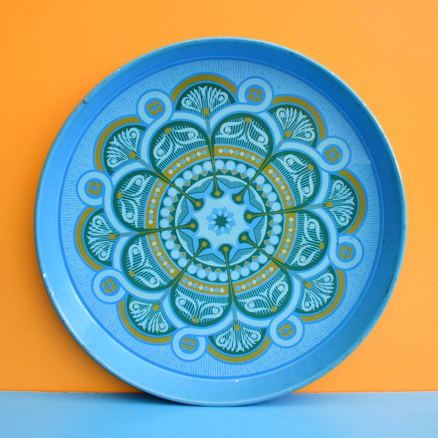 Vintage 1970s Round Tray - Geo Design- Blue