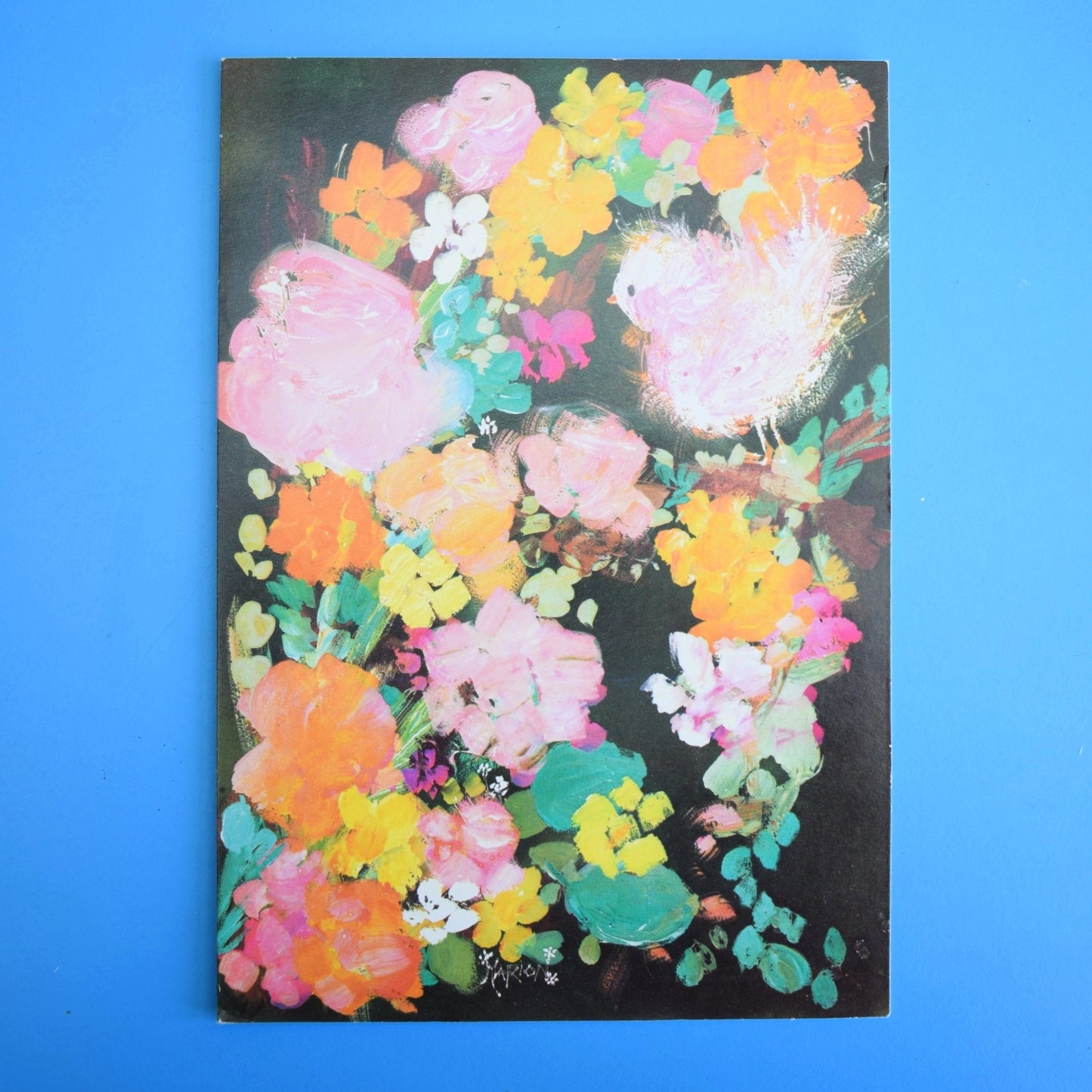 Vintage 1970s Greeting Card - by Marion - Haute Couture Dicky Bird - Painterly Flowers