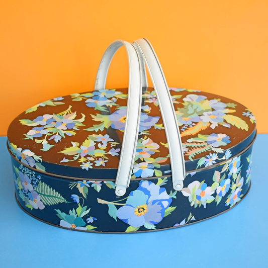 Vintage 1960s Oval Biscuit Tin - Blue Flowers