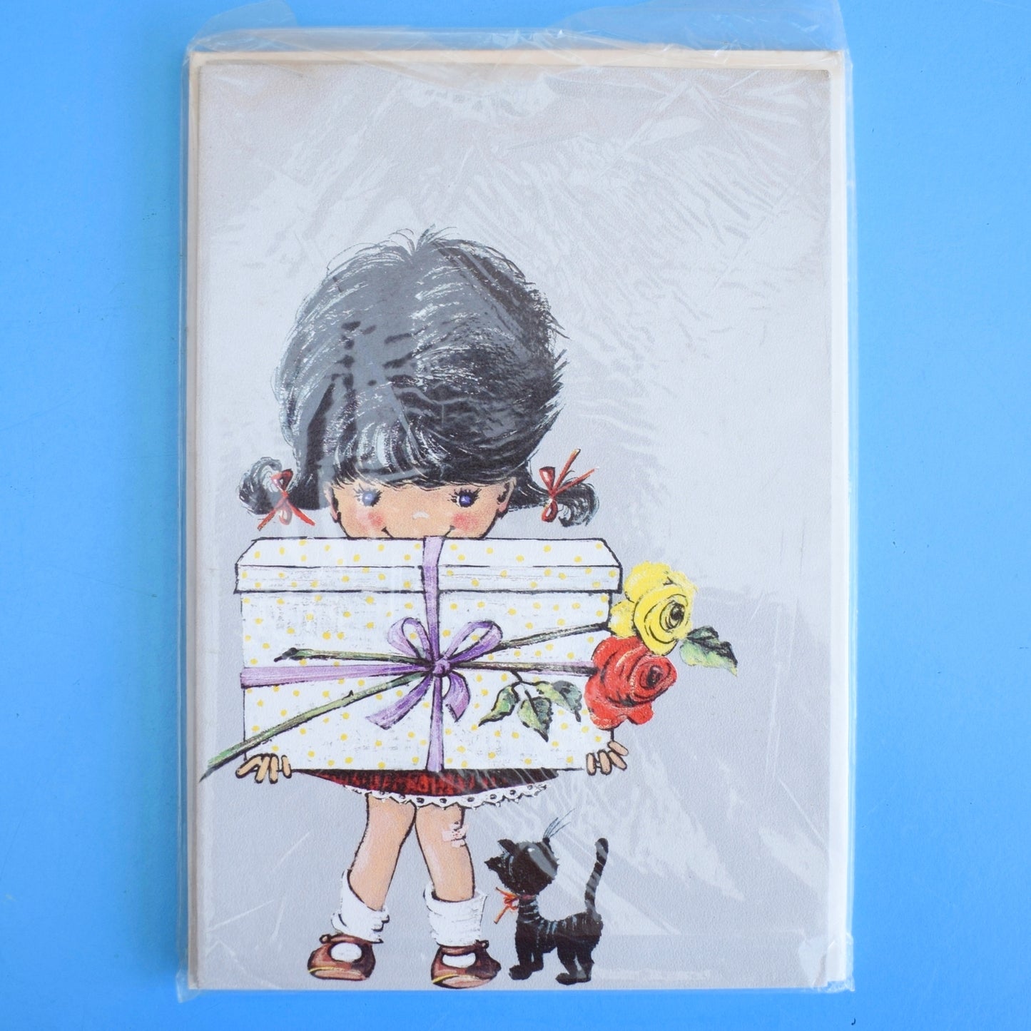 Vintage 1970s Greeting Card 6 Pack - Little Girl & Hedgehog / Girl & Black Cat