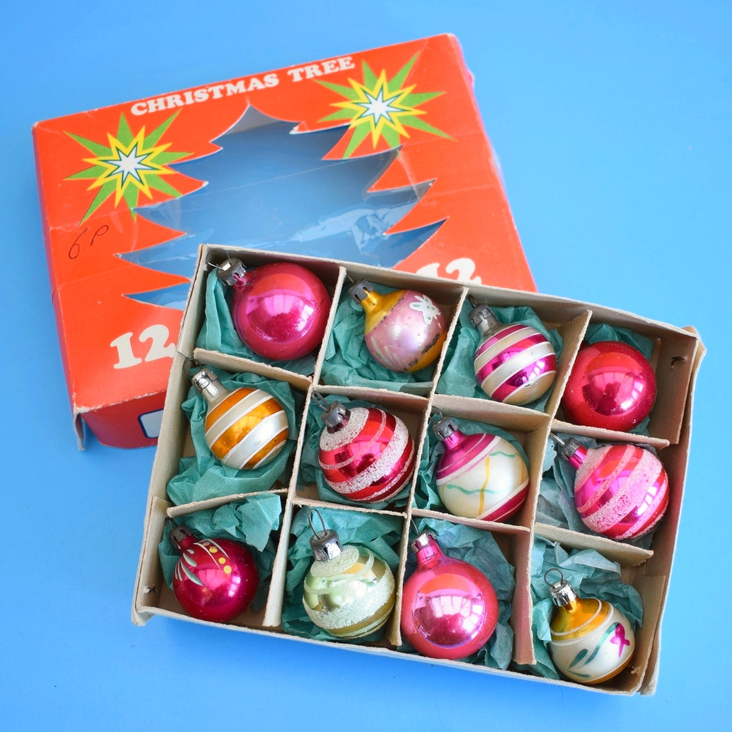 Vintage 1960s Glass Christmas Baubles - 12 Small - Pinks
