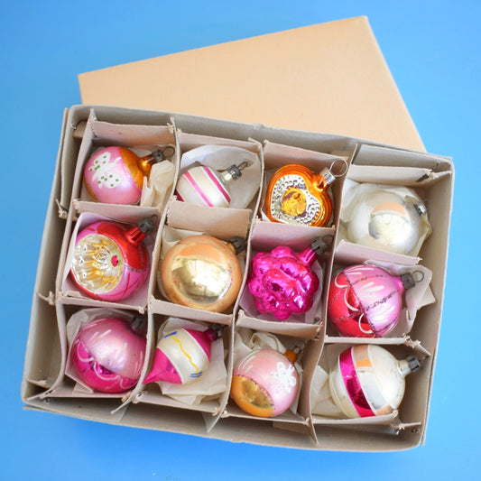 Vintage 1960s Glass Christmas Baubles - 12 Small/ Medium - Pink / Gold