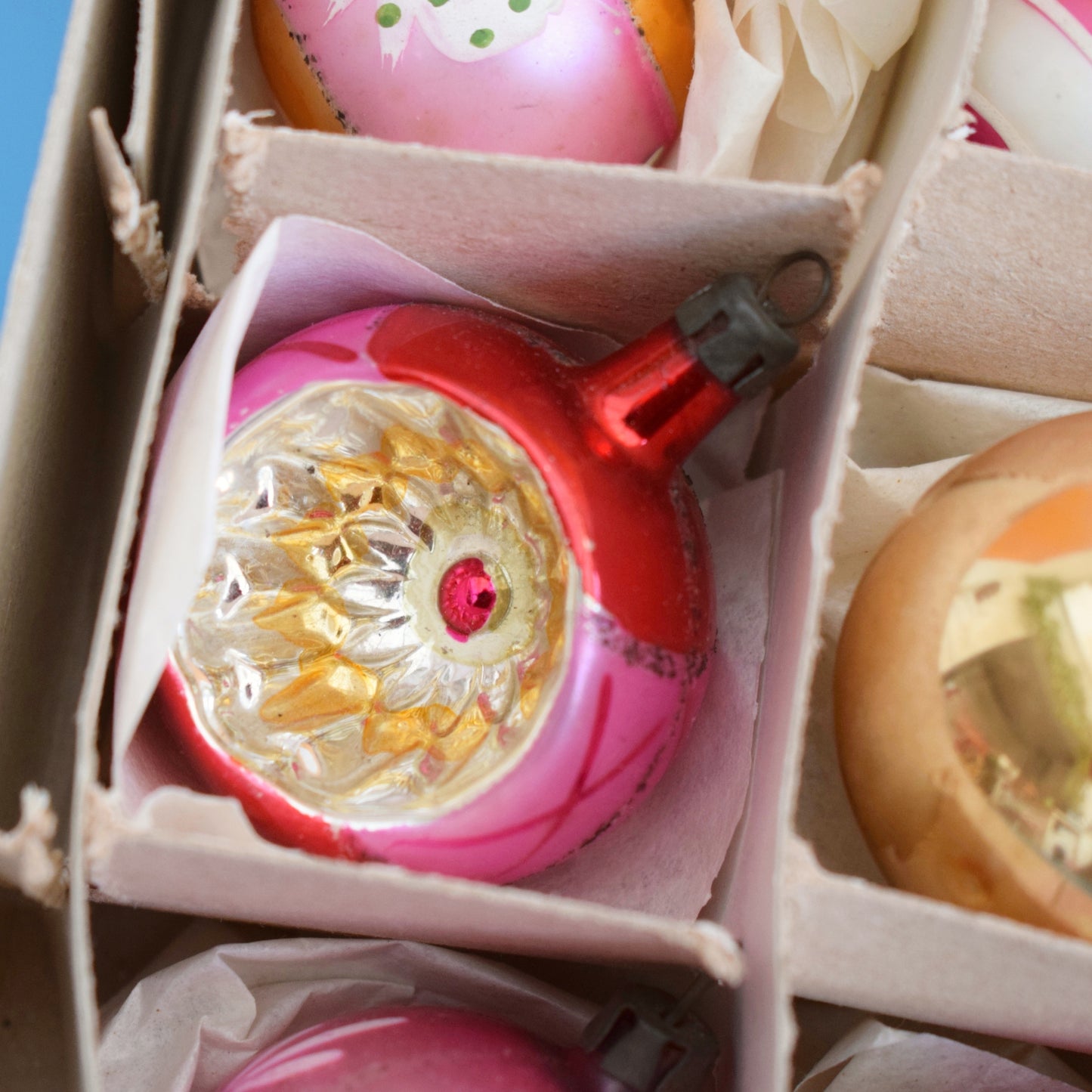 Vintage 1960s Glass Christmas Baubles - 12 Small/ Medium - Pink / Gold