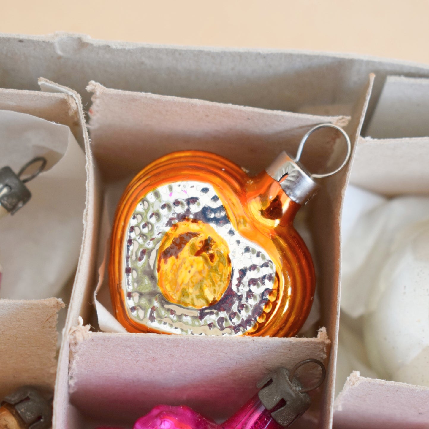 Vintage 1960s Glass Christmas Baubles - 12 Small/ Medium - Pink / Gold