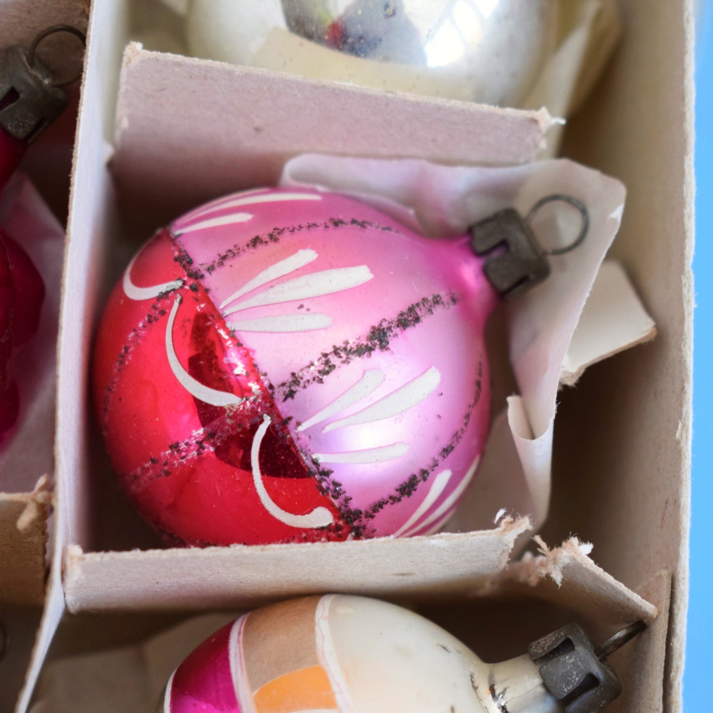 Vintage 1960s Glass Christmas Baubles - 12 Small/ Medium - Pink / Gold