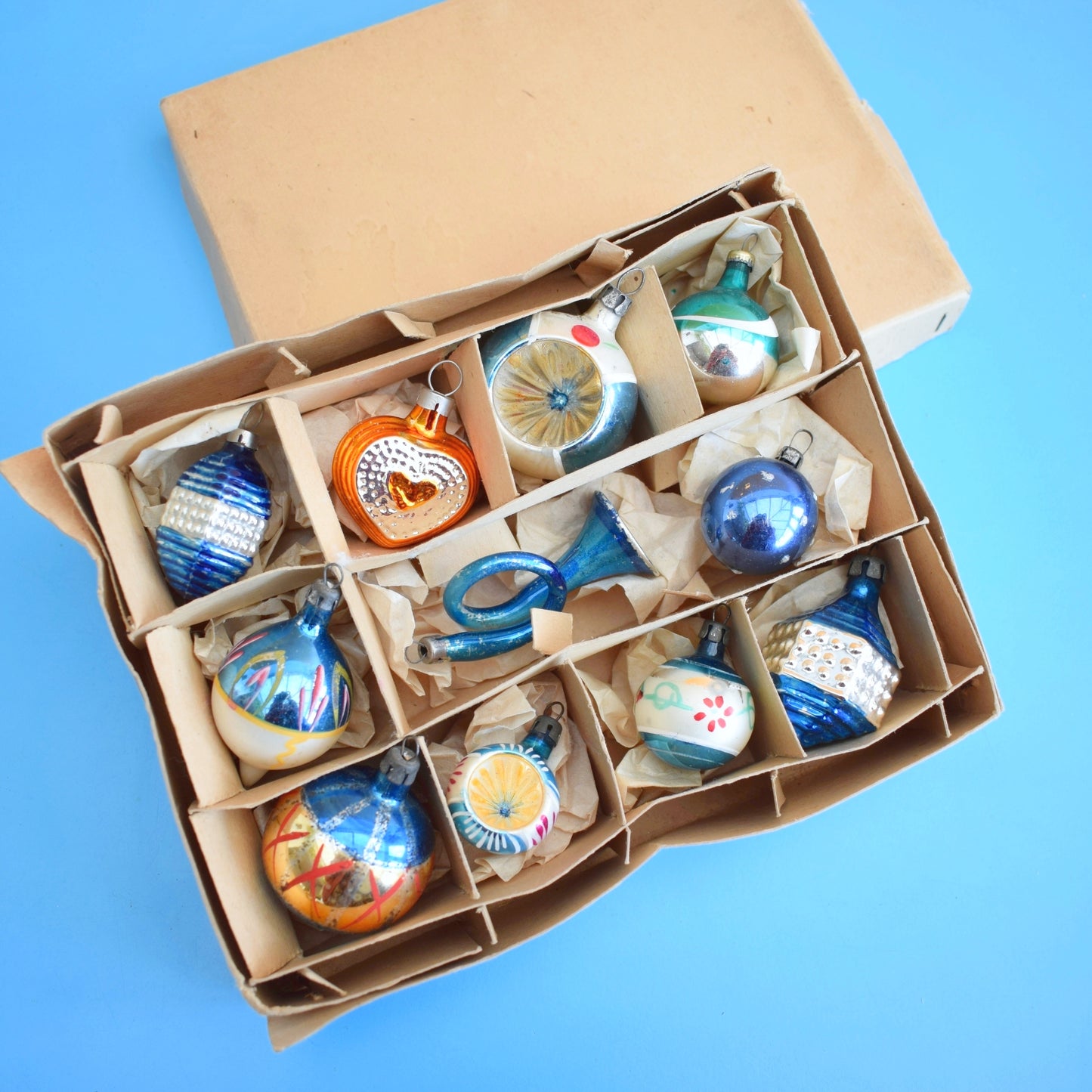 Vintage 1960s Glass Christmas Baubles - 12 Small/ Medium - Blue / Gold