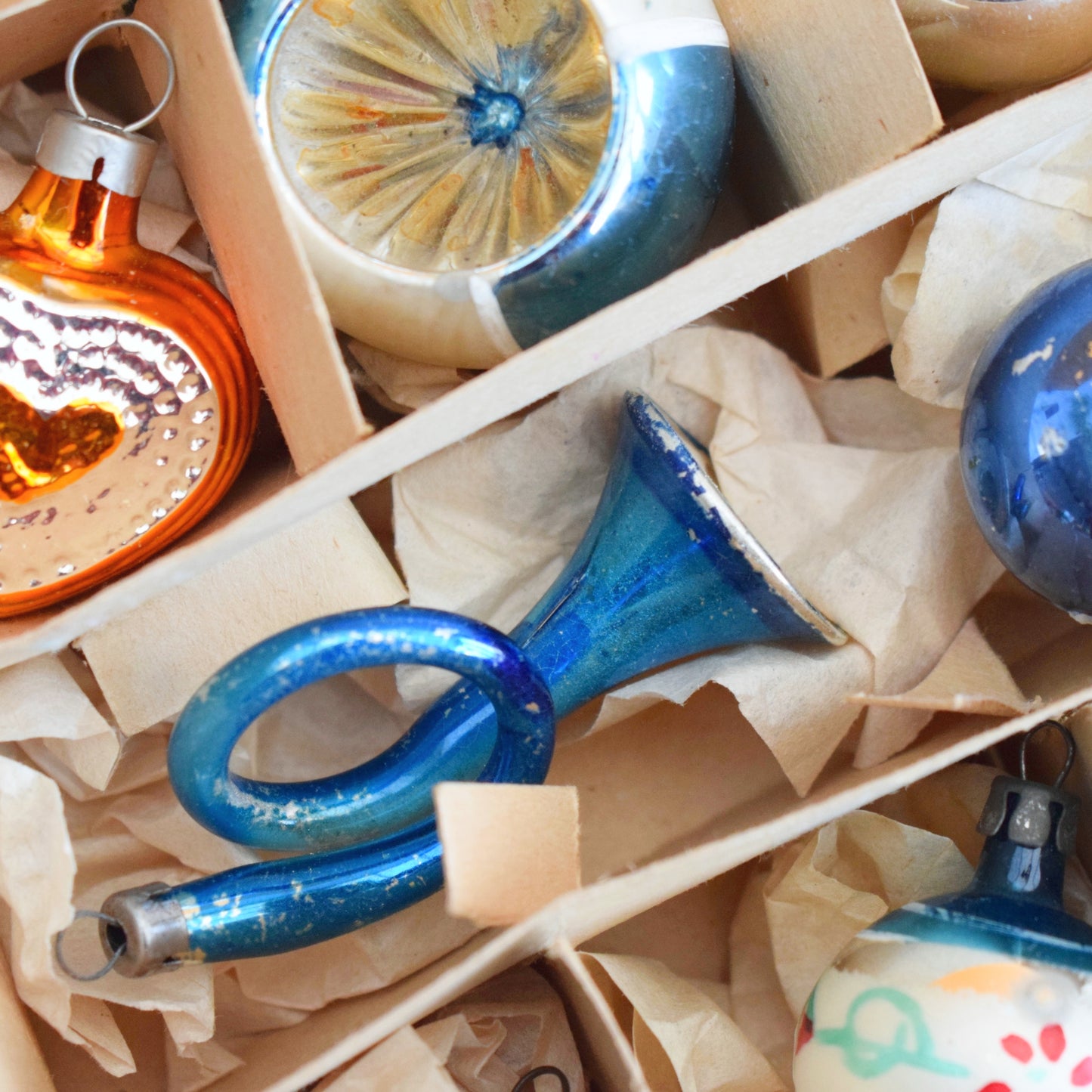 Vintage 1960s Glass Christmas Baubles - 12 Small/ Medium - Blue / Gold