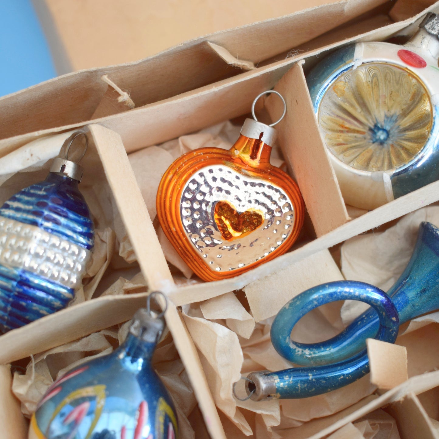 Vintage 1960s Glass Christmas Baubles - 12 Small/ Medium - Blue / Gold