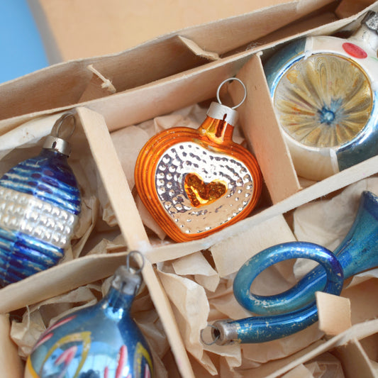 Vintage 1960s Glass Christmas Baubles - 12 Small/ Medium - Blue / Gold