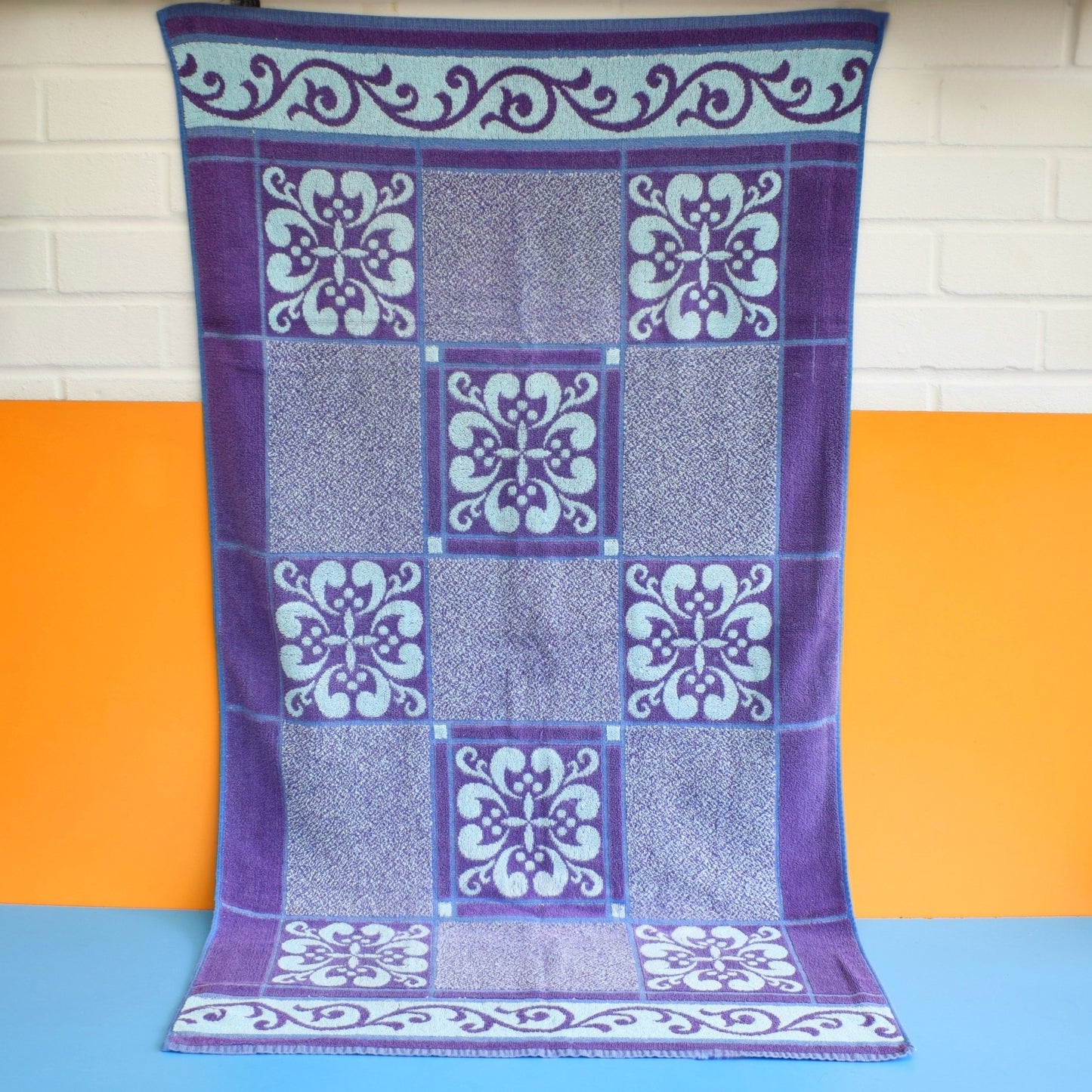 Vintage 1970s Bath Towel - Purple & Blue
