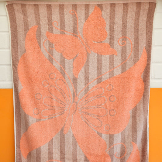 Vintage 1970s Bath Towel - Peach Butterfly Design