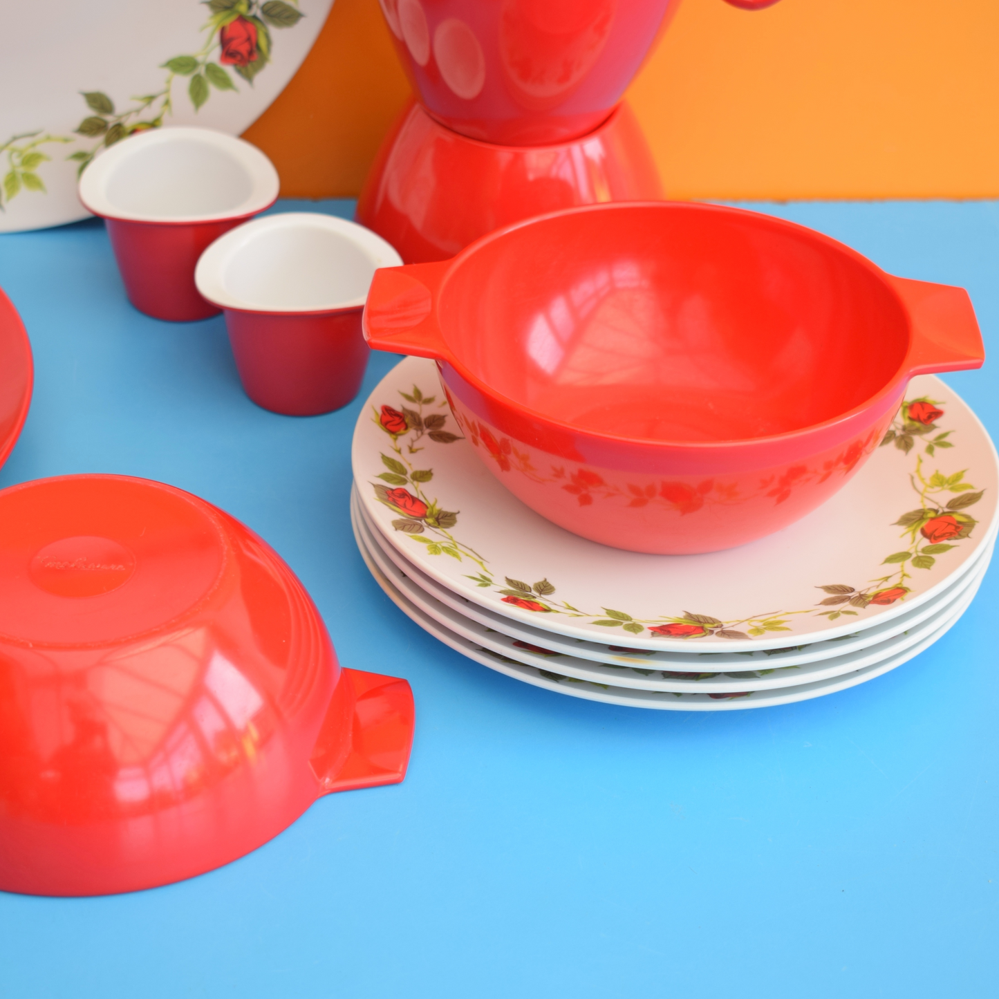 Vintage 1960s Melaware Plates Red Rose Pineapple Retro