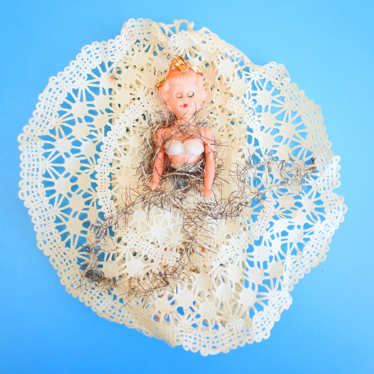 Vintage 1950s Christmas Fairy Angel Tree Topper - Handmade Doily Dress